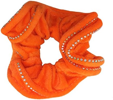NTL #501 Orange Velvet Rhinestone Hair Scrunchies (Regular) Tie Band Ponytail Holder, Hair Scrunchy