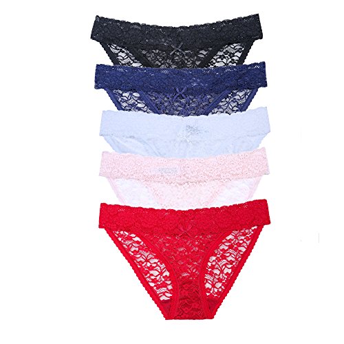 5-Pack Ultrathin Sexy Full Lace Panties With Low-Waistline High Slit Bikinis Underwear (Black and White and Pink and Red and Navy Blue, L)