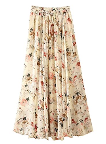 Ouye Women s Summer Pleated Chiffon Maxi Skirt Apricot