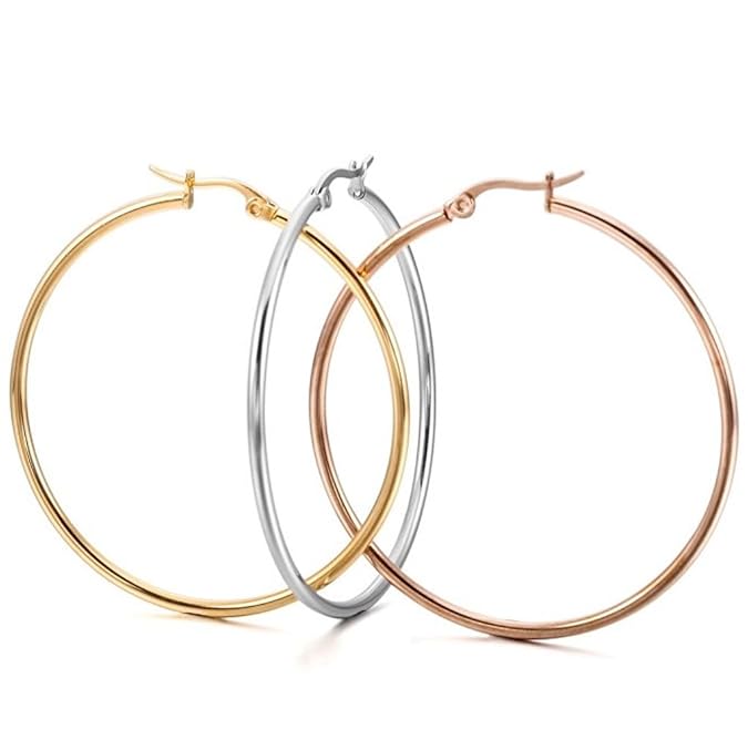 Bliqniq 5 Paare Edelstahl Creolen Ohrringe Silber Damen Herren 15mm 20mm 30mm 40mm 50mm Rund Groß Hängend Silberweiß Modeschm