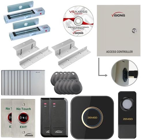 Visionis FPC-6132 Two Doors Access Control for in Swing Door Electric 300lbs Mag Lock Time Attendance TCP/IP Wiegand Controller Box, Black Indoor/Outdoor Card Reader + Software + 20,000 Users Kit