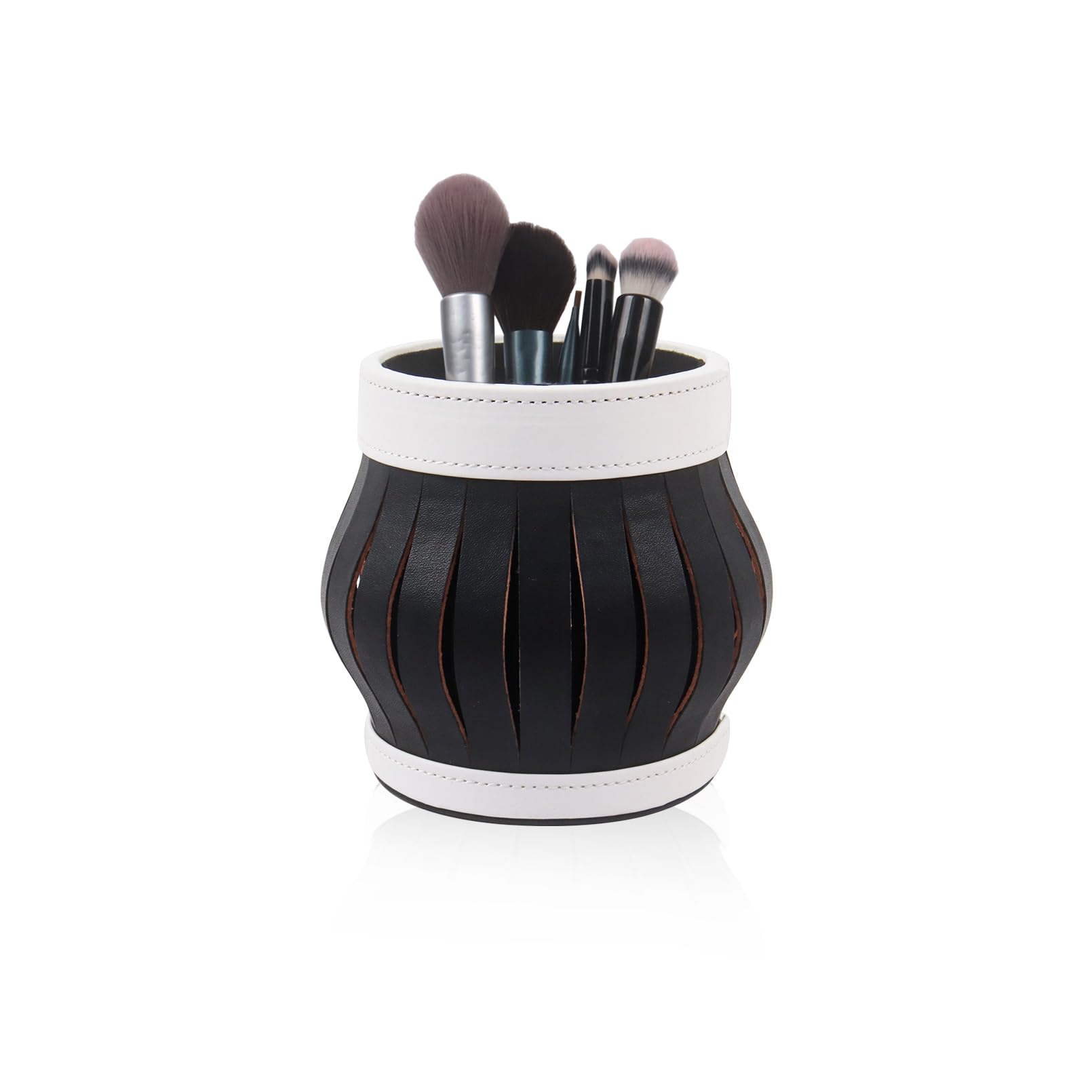 Nwvuop Makeup Brush Holder PU Leather Cosmetic Storage Organiser, Make Up Brush Organiser for Vanity Pen Pencil Holder(Black and White)