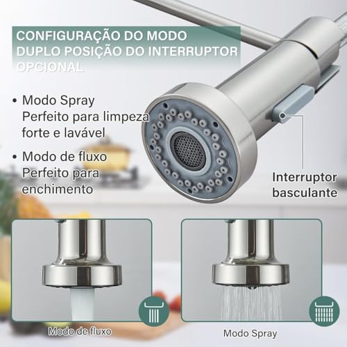 Torneira Monocomando Cozinha, Gourmet Para Bancada, Aço Inox Brilhante, Bico Giratório 360°, Spray Extensor