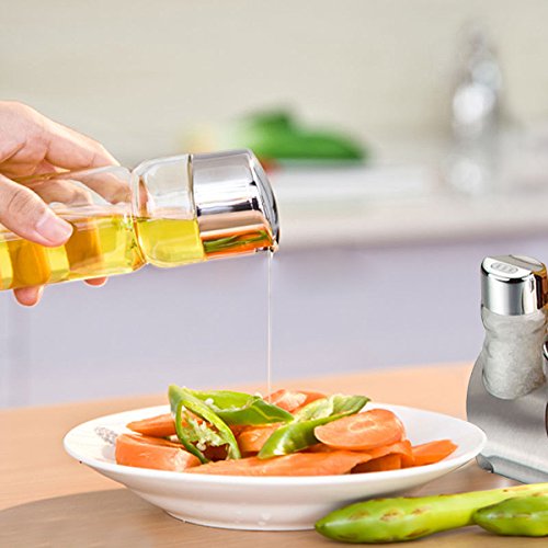 VDOMUS Glass Cruet Set with Stand Oil Vinegar Dispenser Salt and Pepper Shaker Bottles Serving Set Picnic Table Condiment Server Holder, 5 piece