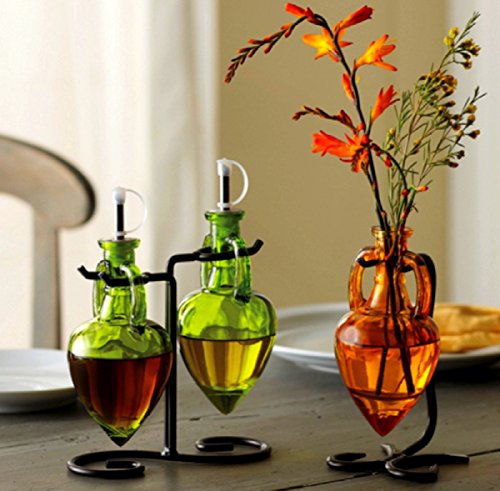 Cobalt Blue G224VF Olive Oil Vinegar Dish Wash Soap Dispensers, Decorative Colored Glass Cruet Bottles with Cork, Spout and Black Metal Stand. Romantic Decor & More