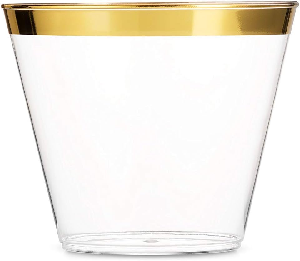 Gold Plastic Clear Cups ~ 9 oz. 50 Pack Rimmed Plastic Cups Old Fashioned Tumblers, Fancy Disposable Wedding Cups Elegant Party Cups (Gold Trim)
