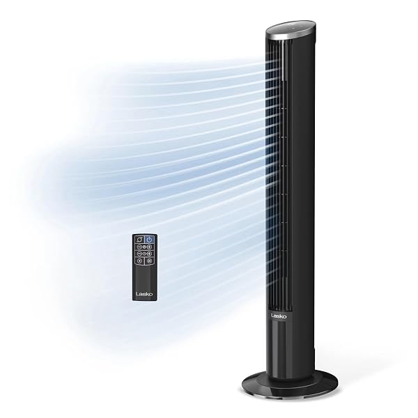 LASKO 42″ 12-SPEED TOWER FAN WITH WHISPERFORCE™ DC TECHNOLOGY AND REMOTE: BLACK/SILVER