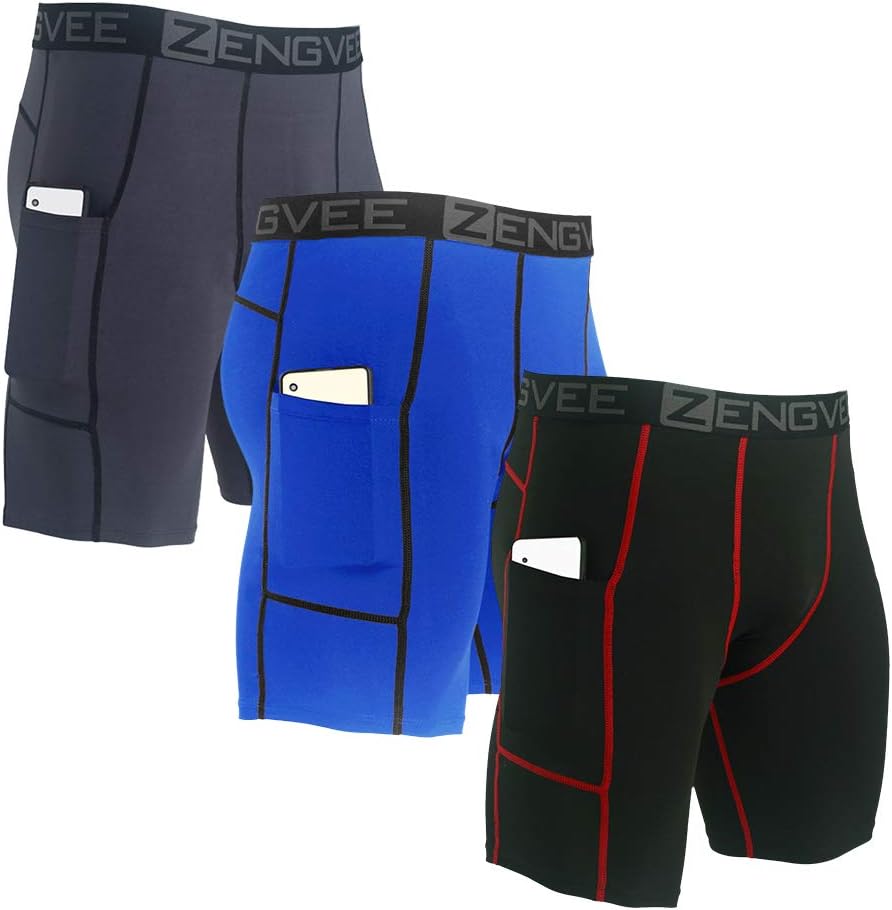 3 Pack Men's Compression Shorts Cool Dry Running Base Layer Shorts with Phone Pockets for Running,Training, Workout, Gym