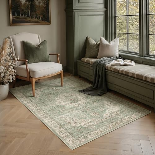PureCozy Vintage Teppich Wohnzimmer 120x170cm Grün Waschbar Rug