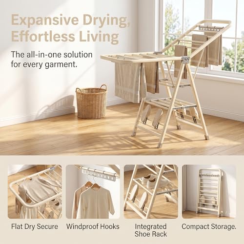 Velvaria Lndoor Foldable Clothes Drying Rack, Adjustable Wings Space Saving Carbon Steel drying rack for bedsheets clothes quilts shoes (White, 180 * 47 * 91cm)