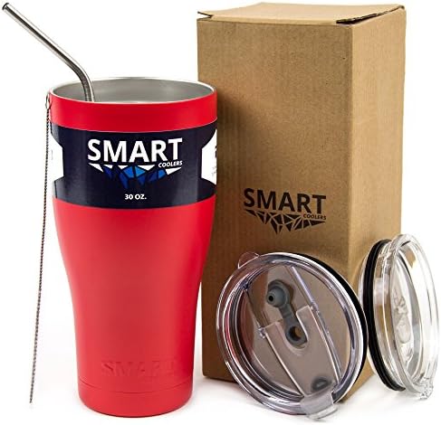 Smart Cooler 30 Oz. Sweat Free Ultra-Tough Double Wall Stainless Steel Tumbler Cup with Leak-proof Heavy Duty Tumbler Lids (Slide Lid & Flip Lid), Straw, Cleaning Brush - Ruby Red