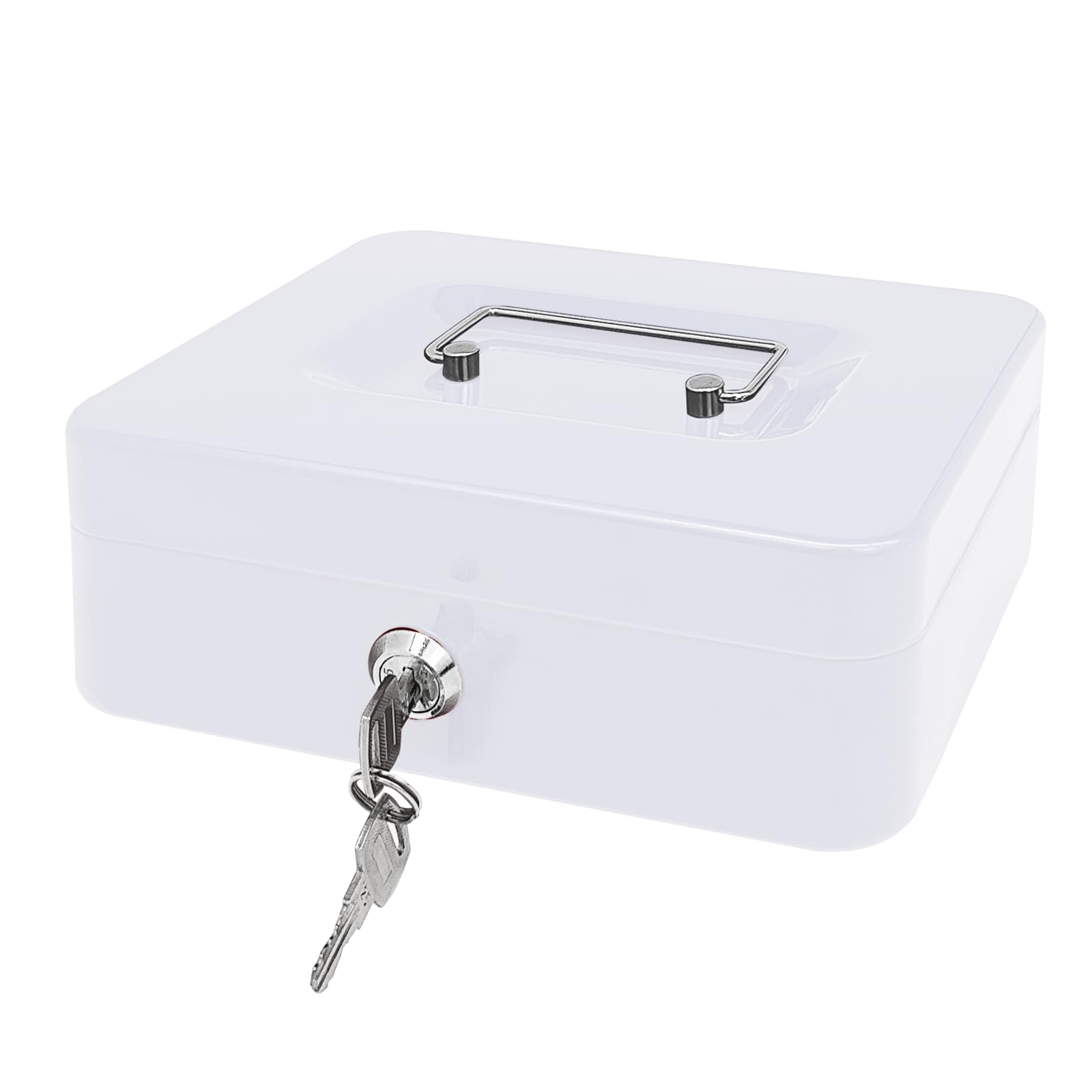 Steel Cash Box with Key Lock, Metal Small Money Organizer with Money Tray,Cash Storage Box with Lockable Cover (White-25 * 20 * 8.5 CM)