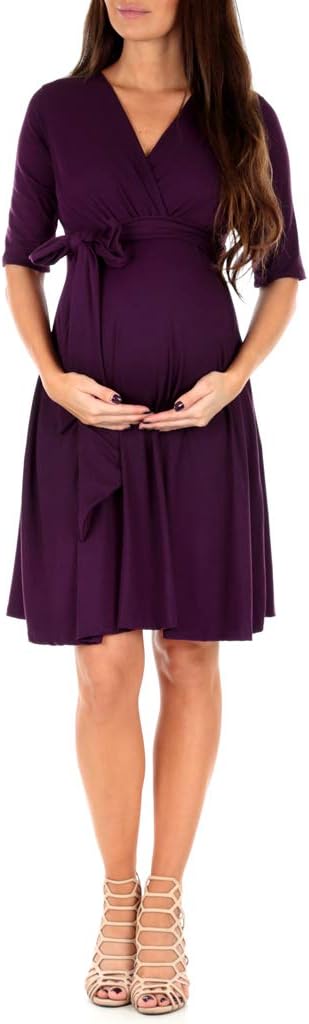Mother Bee Maternity Knee Length Wrap Dress with Adjustable Belt