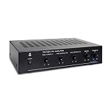 Compact Mini Home Power Amplifier - 100W Smart Indoor Audio Stereo Receiver w/ RCA, 3 Microphone IN, AUX, 25/70V Outputs, LED, Input Selector, For PA, Amplified Speaker Sound System Pyle PCM60A Black