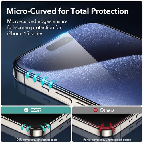 ESR Armorite Screen Protectors for iPhone 15 Pro Max, Ultra-Resistant Tempered Glass, Adjustable, 3 Pack with 3 Set of Individual Camera Lens Protectors