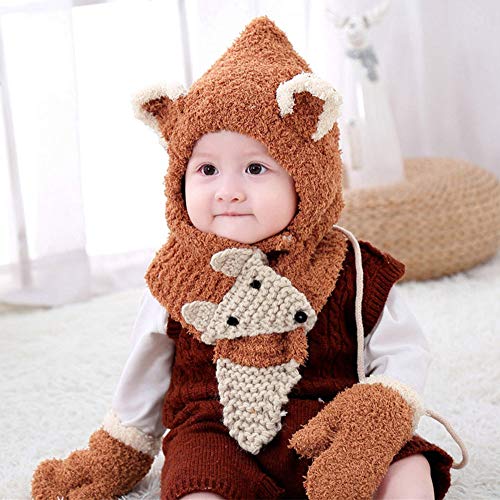 Pausseo Toddler Girls&Boys Baby Winter Crochet Knit Hat Beanie Cap Scarf Gloves Set Solid Color Touchscreen Mittens Fleece Thicken Plush Outdoor Mittens Students Knitted Wool Casual Play Snow