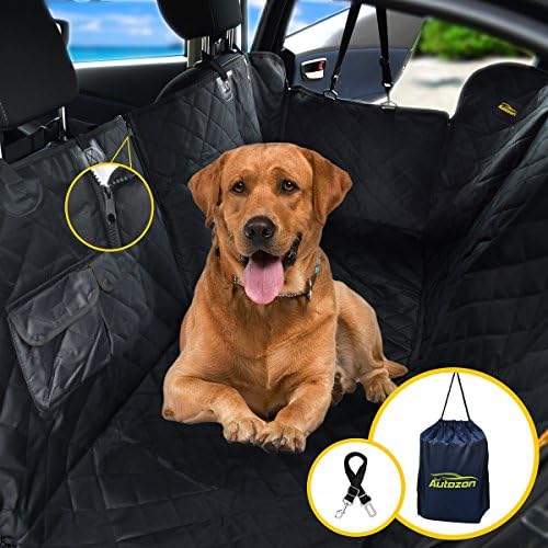 Car Dog Seat Cover For Pet - Waterproof Hammock Scratch Proof Nonslip Backing. Heavy Duty Backseat Cover for Cars Trucks and SUVs with Side Flaps, Zippers and Pockets.FREE Bag + Dog Seat Belt, Autozon
