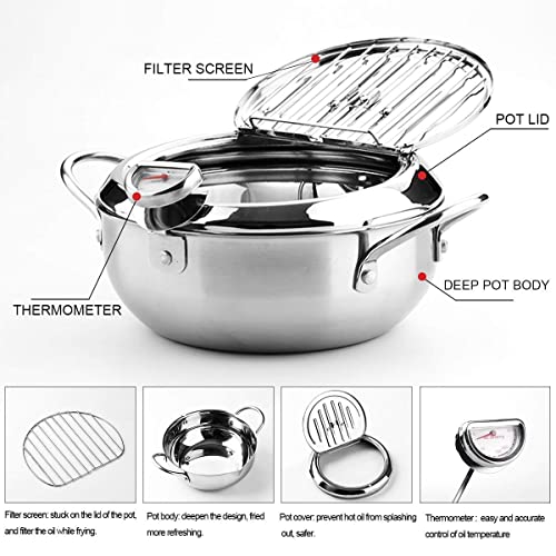 Deep Fryer Pot, 304 Stainless Steel Tempura Fryer with Temperature