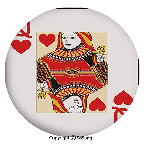 Elastic Edged Polyester Fitted Table Cover,Queen of Hearts Playing Card Casino Decor Gambling Game Poker Blackjack Deck,Fits up 56"-66" Diameter Tables,The Ultimate Protection for Your Table,Red Yello