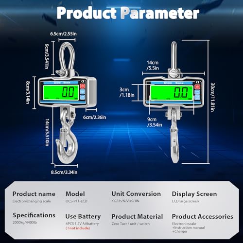 2000kg 4400lbs Hanging Scale with Remote Control,Digital Crane Scale with Precise Sensor and LCD Display,2T Industrial Hook Scale Electronic Scale for Agricultural Markets(SL)