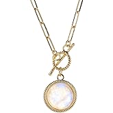 Gempires Gemstone Coin Front Toggle Pendant Necklace for Women with Gold Paperclip Chain, Natural Crystal Pendant with Toggle Clasp, Handcrafted Perfect Jewelry Gift for her