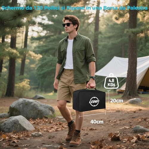 Schermo per Proiettore con Supporto 120 Pollici – LEORFI Schermo Proiezione Portatile Interno Esterno con Retro Nero, 16:9 4K HD, Antipiega, Borsa da Trasporto per Giardino e Home Cinema