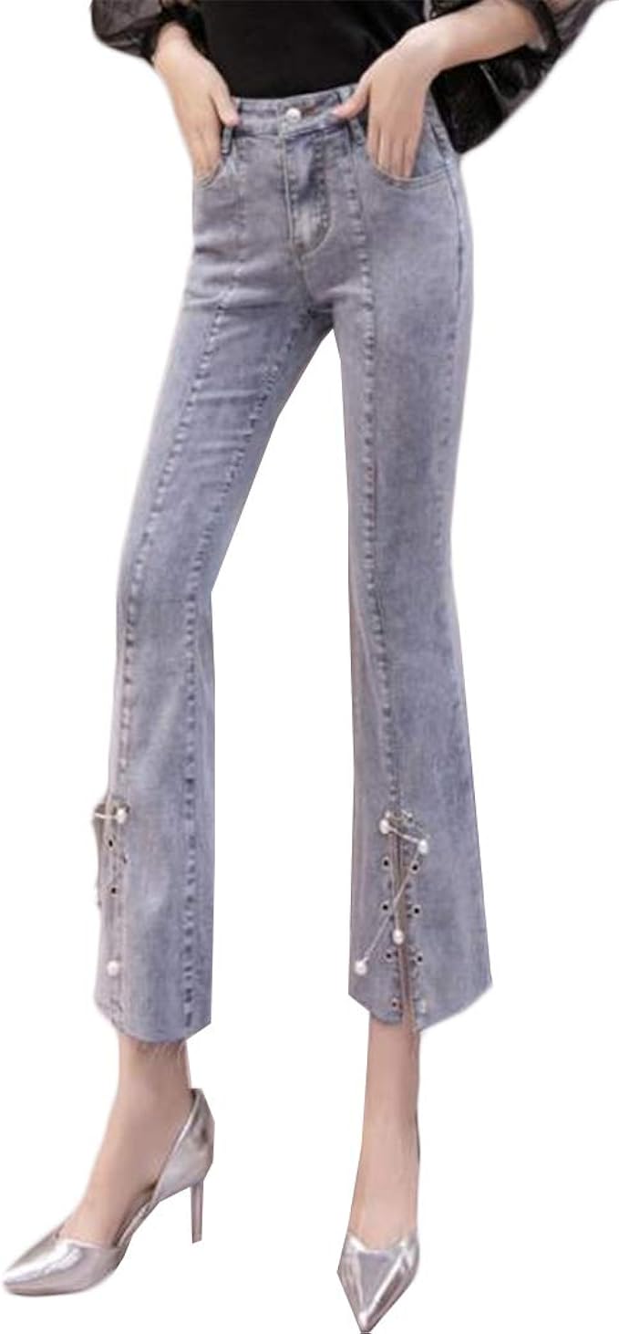 Amazon モリミ デニムパンツ レデイース 9分丈パンツ レディースジーンズ スリム フレア ブーツカット 裾 スリット パール付き 美脚 美尻 デニム ジーンズ 春秋 ハイウエスト ズボン カジュアル ファッション 通学 通勤 ジーンズ 通販