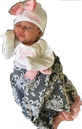 Infant Newborn Personalized Baby Girl Coming Home Layette and Beanie Layette Set Pink Gray