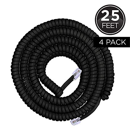 Power Gear Coiled Telephone Cord, 4 Pack, 4 Feet Coiled, 25 Feet Uncoiled, Phone Cord works with All Corded Landline Phones, For Use in Home or Office, Black, 46082