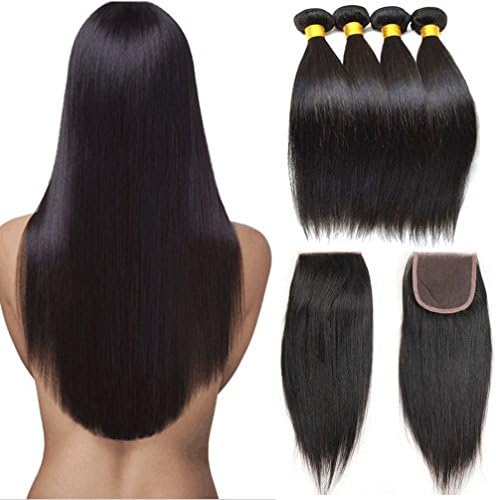 Peruvian Virgin Hair with closure Weaves 8A Unprocessed Virgin Human Hair Peruvian Straight Hair Extensions 3 bundles with Free Part Lace Closure (44) (20 22 24 +18 Free Part Lace Closure)