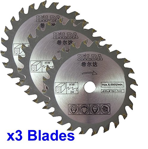 Drei Kreissägeblätter 85 mm Durchmesser x 10 mm Bohrung x 24T Holz Schneiden