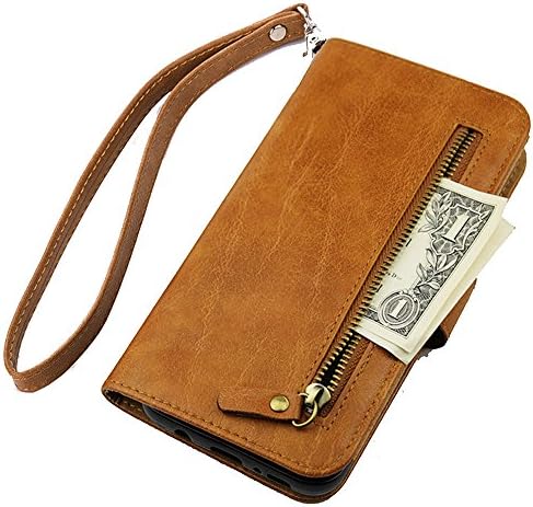 iPhone 7 Plus wallet Case, WOOZU Hidden iphone7 Plus Wallet Case [Folio][Flip][Wrist Strap] with Stand Feature and Card Holder for Apple iPhone 7 Plus 5.5"inch,with Zipper Cash Purse Slot Pocket