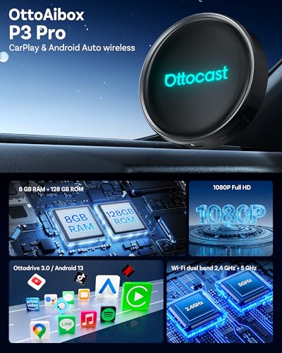 Ottocast P3 Pro Adattatore CarPlay e Android Auto Wireless | Android 13, Wireless CarPlay, Plug & Play, Compatibile Auto, Android Auto