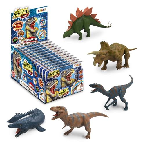 CRAZE Stretchy Animals Dinos - 12 Figure di dinosauri con pelle elastica, imbottitura speciale, effetti cromatici e carte da gioco, 16 modelli da collezionare