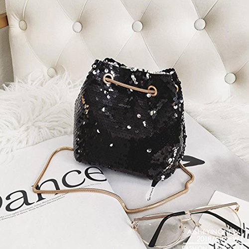 Clearance Sale! ZOMUSA Women Girl Fashion PU Leather Chain Strap Shoulder Bag Bling Sequin Bucket Bag (Black)