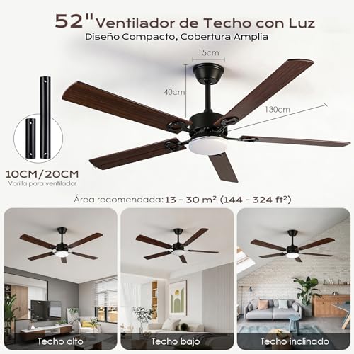 Ventilador de Techo con Luz 52"/132CM, Abanicos de Techo con Control Remoto, Doble Cara de Aspas, Motor DC Reversible, 6 Velocidades, 3CCT, Brillo Ajustable, Ideal para Sala Dormitorio Cocina Office