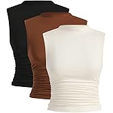 WDIRARA Women's 3 Pack Ruched Mock Neck Tank Top Sleeveless Fitted Tops