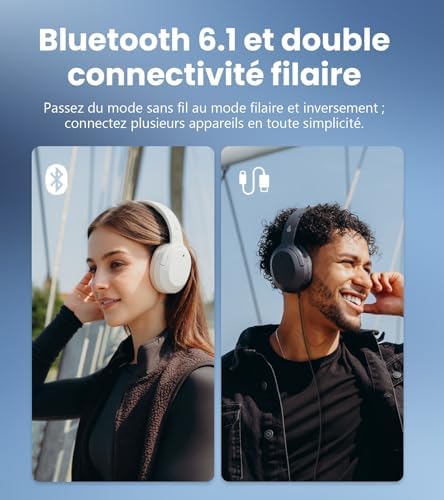 W820NB Plus Gen 2 - Casque Audio Over-Ear sans Fil Pliable à Réduction de Bruit(ANC -49 DB), LDAC Hi-Res, Autonomie 88h, Son Spatial, Appels Clair AI, BT V6.1, Multipoint Connexion-Gris Foncé