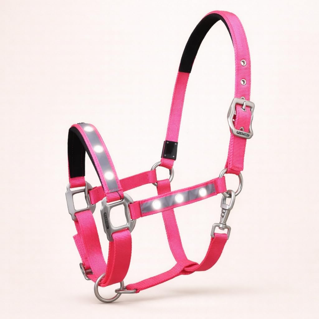 Reinecke Equestrian Premium Light Headcollar Reflective Halter Safety Halter Stable Halter LED Nylon Headcollar Starlight (Cob, Pink/Silver)