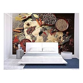 Map of World Made from Different Kinds of Spices on Wooden Background - Removable Wall Mural | Self-Adhesive Large Wallpaper - 66x96 inches