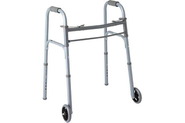 Medline Two-Button Folding Walkers with Wheels, Basic, 5 Inch, weight capacity 400 lbs