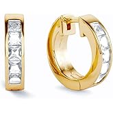 Yellow Gold Plated 925 Sterling Silver Square Princess Cut Iced 5A Cz Trendy Classic Unisex 14mm Hoops Hypoallergenic Huggie Hoop Earrings For Men Women