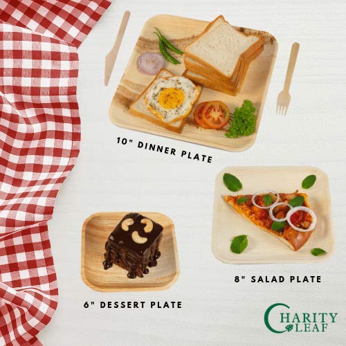 Charity Leaf 8" Disposable Palm Plate With Knife And Fork Bamboo Like Square Plates | All Natural, Biodegradable and Chemical Free | Weddings, BBQs, and Parties (25 Plates, 25 Forks, and 25 Knives)