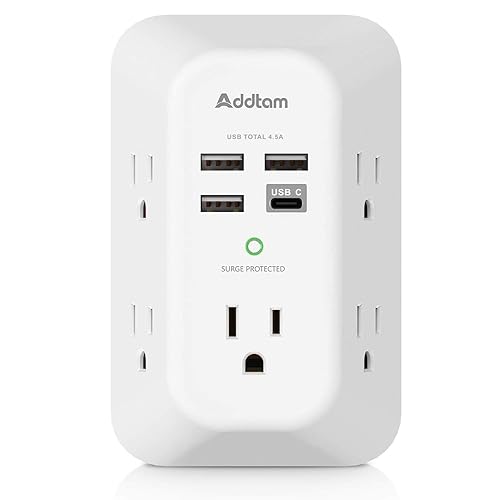 Addtam USB Wall Charger Surge Protector 5 Outlet Extender with 4 USB Charging Ports (1 USB C Outlet) 3 Sided 1800J Power Strip Multi Plug Outlets Wall Adapter Spaced for Home Travel Office ETL Listed