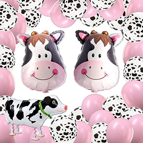 PartyWoo Cow Party Balloons, Farm Party Balloons Set of Cow Foil Balloons, Cow Print Balloons, Baby Pink Balloons, Walking Cow Mylar Balloon for Farm Birthday Party, Farm Animal Theme Party