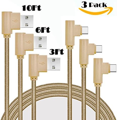 USB Type C Cable, KinPond [3-Pack] 1M/2M/3M Left Right 90 Degree Angle Charge and Data Sync Cable for Samsung Galaxy Note 8 S8 Plus, LG G5 G6 V30, HTC 10, Nexus 5X/6P,Google Pixel XL Gold