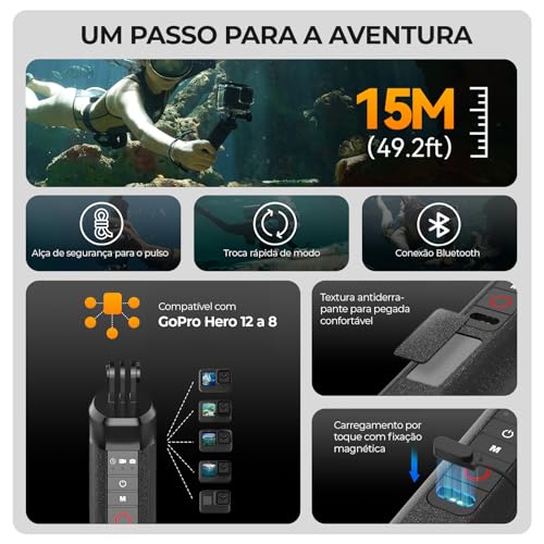 Bastão Flutuante Bluetooth com Controle Remoto Subaquático, Impermeável 15m, Carregamento Magnético, Compatível GoPro Hero 13/12/11/10/9/8, Punho Antiderrapante com Pulseira Anti-perda