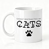 SRWNFOS Easily Distracted By Cats Ceramic Coffee Mug, Black Cat Theme Mug For Coffee Lover, Funny Ceramic Drinking Cup For Kitten Lovers, Thank You Gifts For Friend Coworkers Family Pet Owners