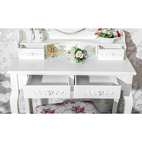 image for Goujxcy Vanity Set with Mirror and Stool, Makeup Table with 4 Drawers,