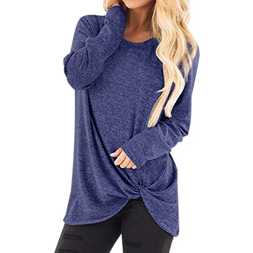 Toimothcn Women Solid Long Sleeve T-Shirt Casual Loose Knot Blouse Tops Plus Size(Dark Blue,S)